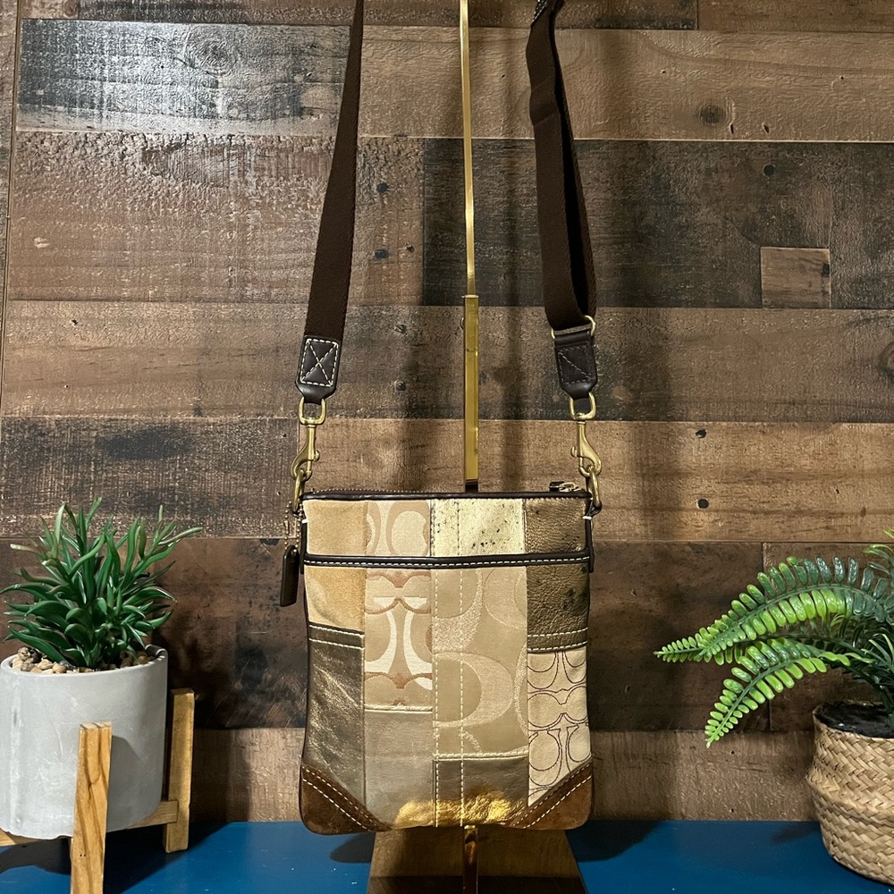 Coach Patchwork Crossbody Shoulder Bag Brown Suede Y2K Monogram C